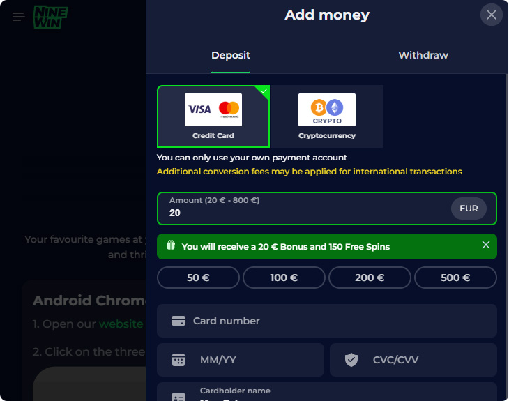 NineWin Casino Deposit Methods