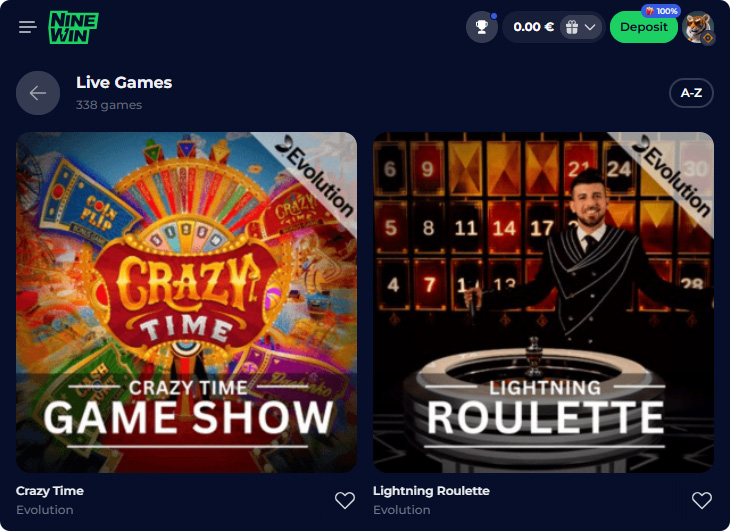 NineWin Casino Live Games