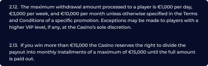 NineWin Casino Transaction Limits