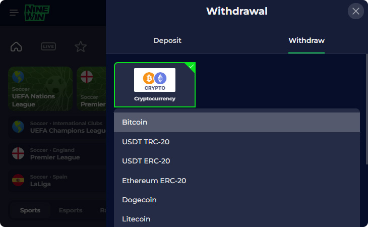 NineWin Casino Withdrawal Methods