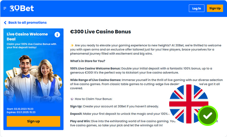 30Bet Live Casino Welcome Bonus