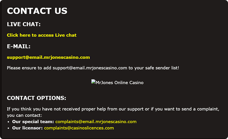 MrJones Casino Customer Support