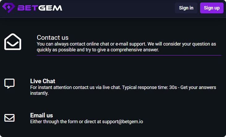 BetGem Casino Customer Support