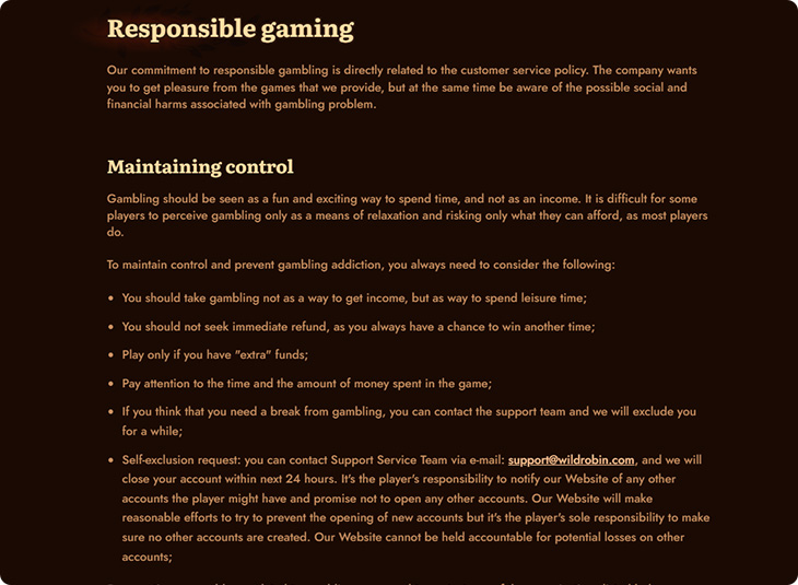 Wild Robin Casino Responsible Gaming
