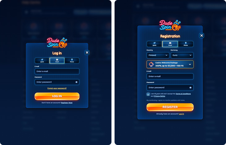 DudeSpin Casino Log in and Registration