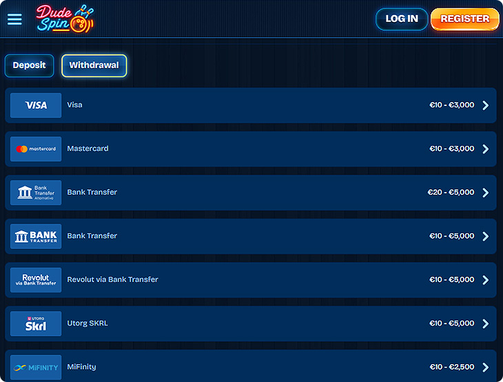 DudeSpin Casino Withdrawal Methods