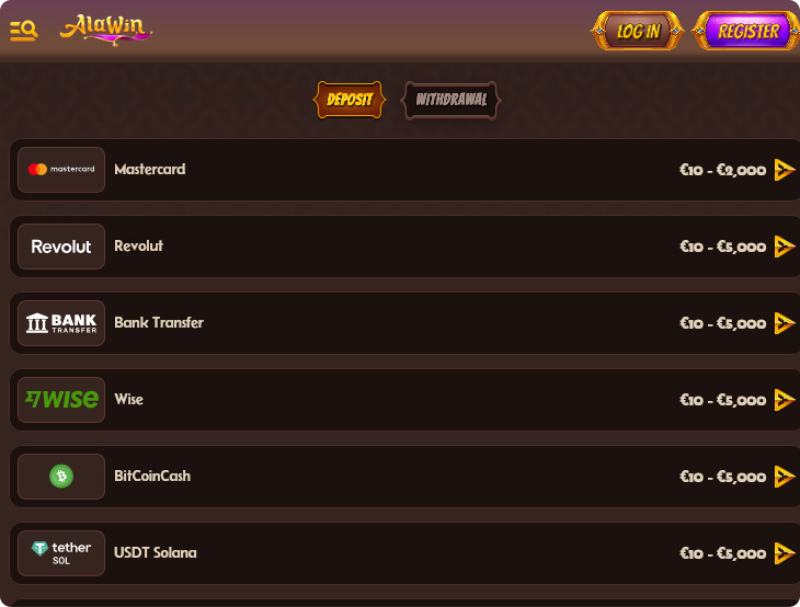 Alawin Casino Deposit Methods