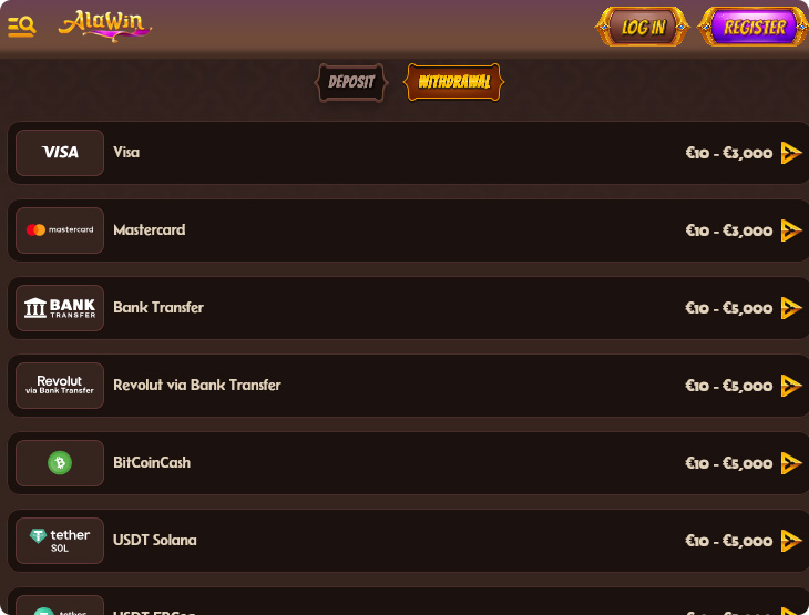 Alawin Casino Withdrawal Methods