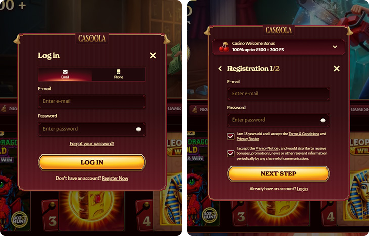 Casoola Casino Log in and Registration