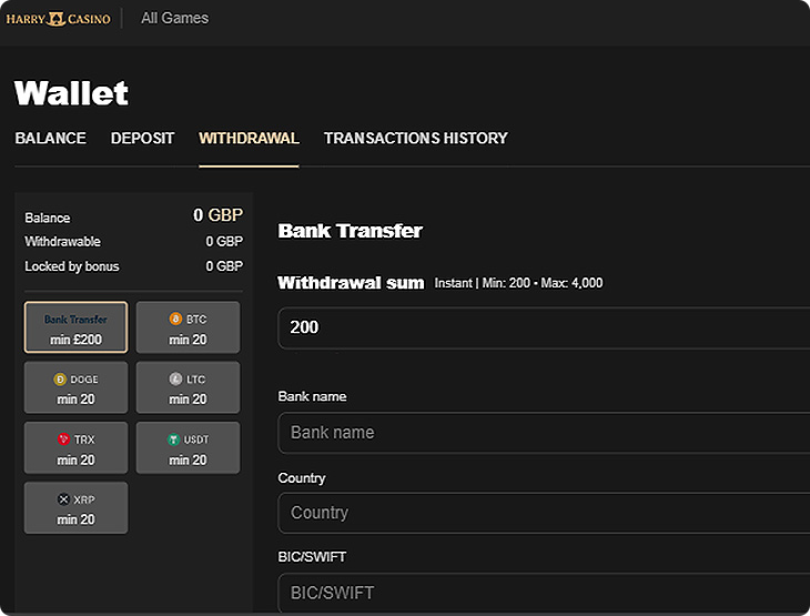 Harry Casino Casino Withdrawal Methods