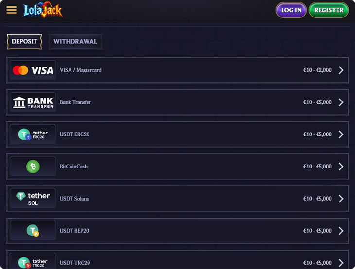 LolaJack Casino Deposit Methods