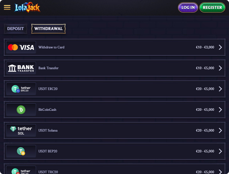 LolaJack Casino Withdrawal Methods